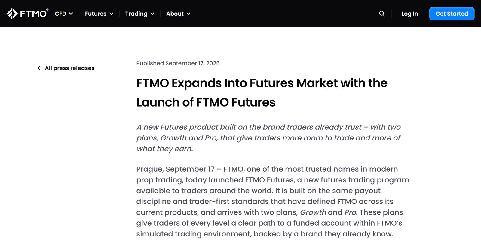 FTMOがFTMO Futuresの開始を発表したプレスリリースの画面