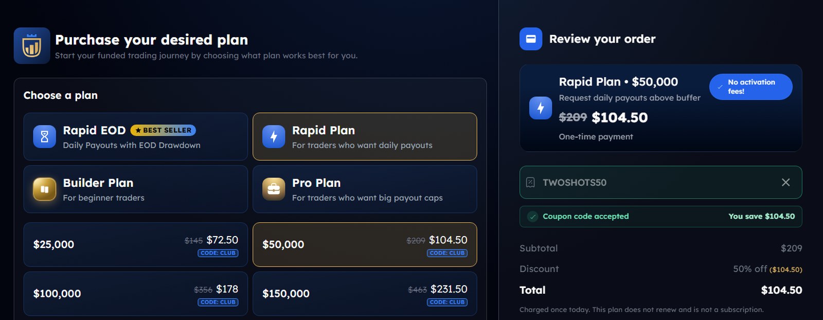 MyFundedFuturesの会計画面でTWOSHOTS50が適用され、5万ドルのRapidが209ドルから104.50ドルになった画面