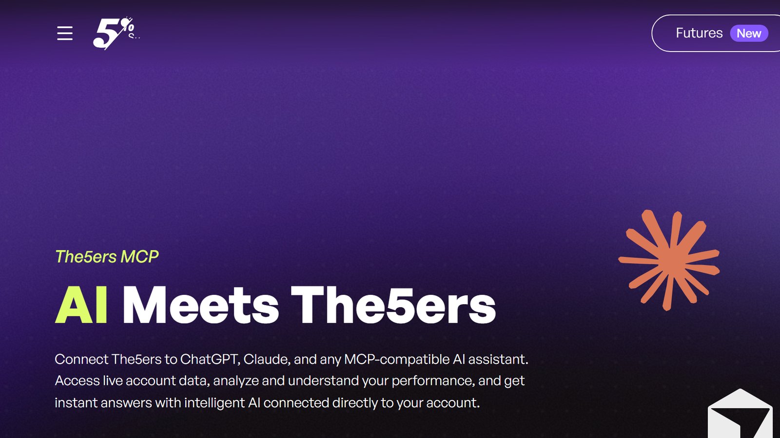 The5ers公式サイトのThe5ers MCPのページ。ChatGPTやClaudeなどMCP対応のAIアシスタントに口座をつなげると案内している