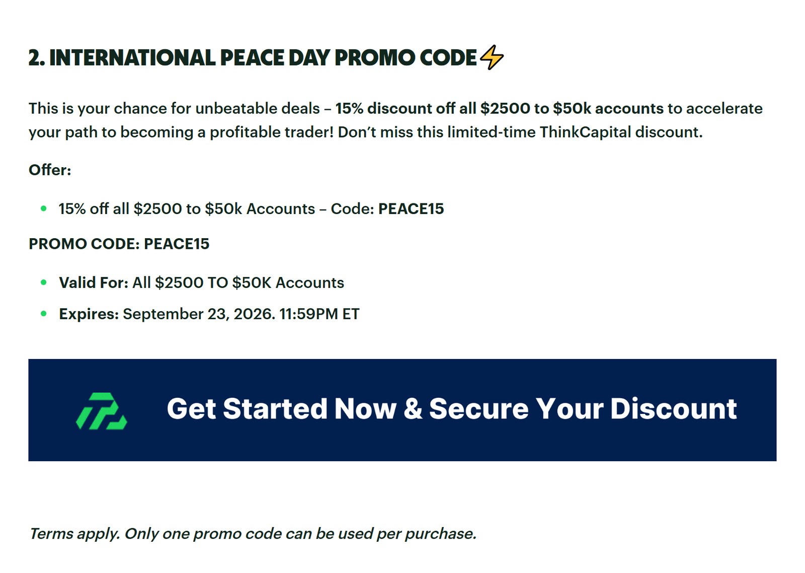 ThinkCapital公式クーポンページのPEACE15の案内