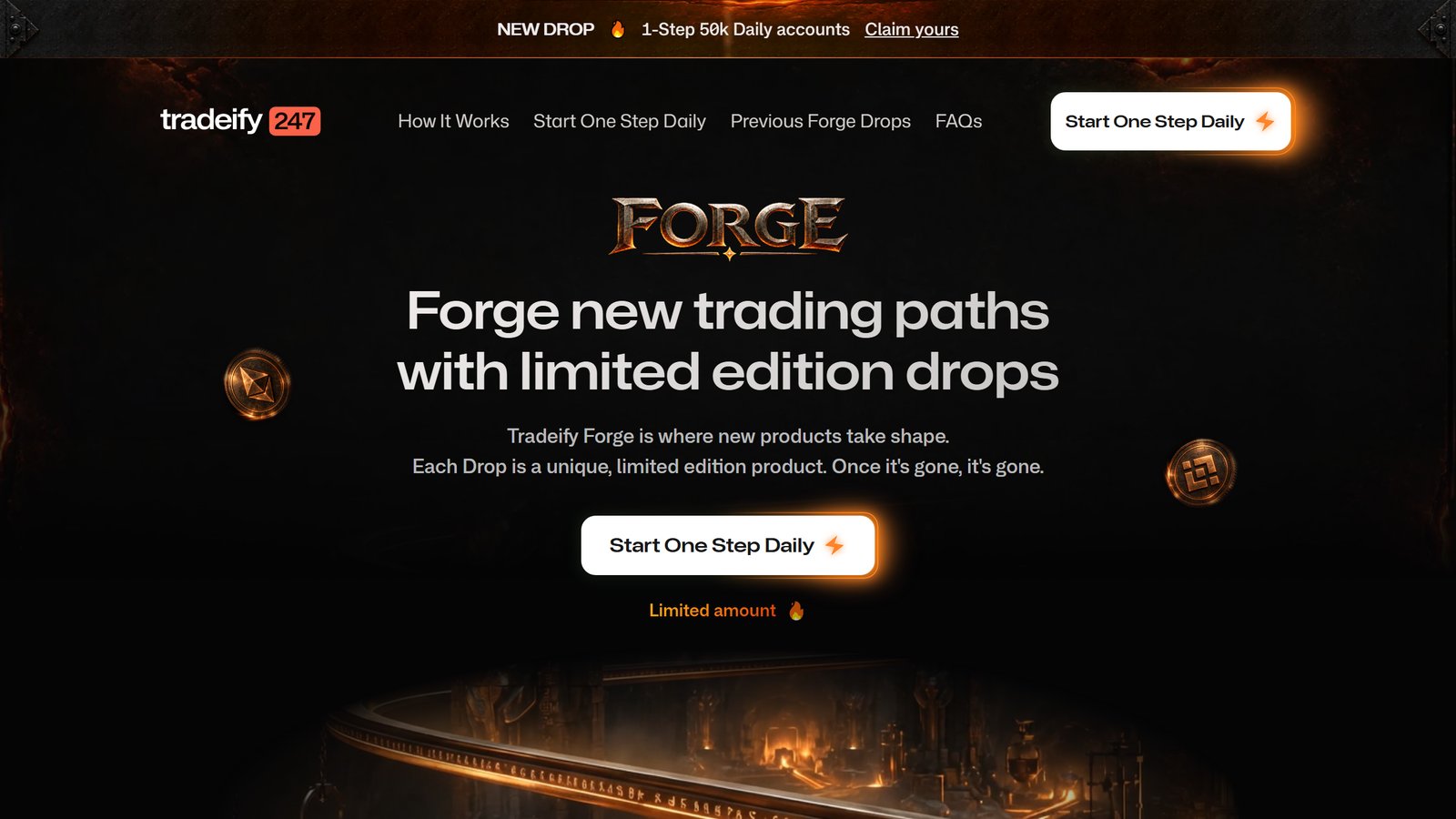 TradeifyのFORGEのページ。限定口座の販売を案内している