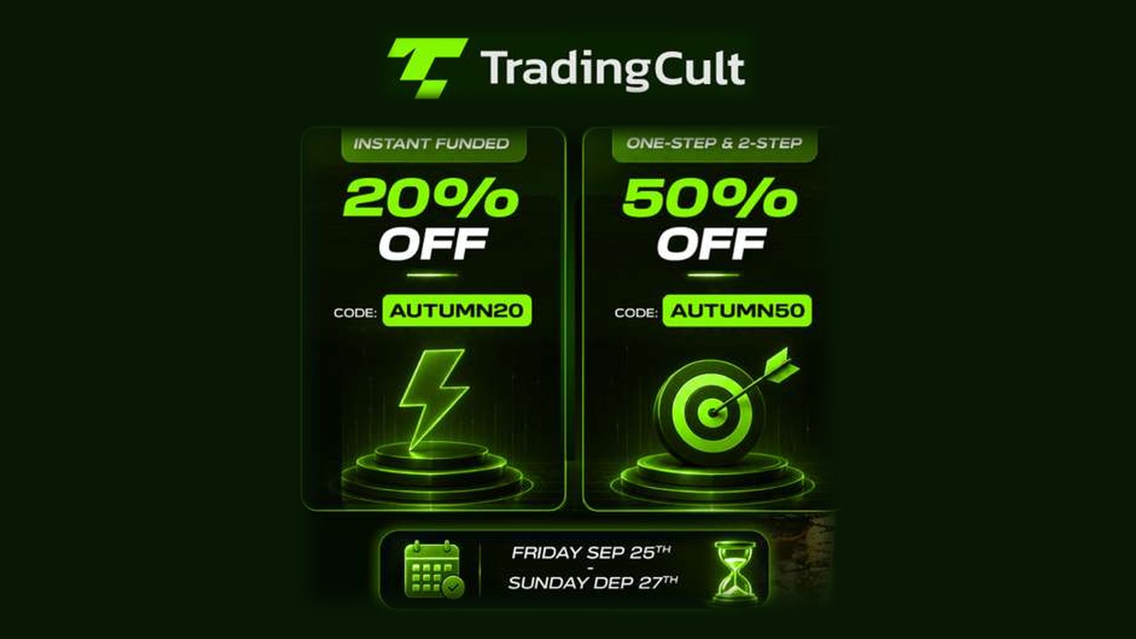 TradingCultの秋のクーポンの告知画像。インスタントはAUTUMN20で20%オフ、1ステップと2ステップはAUTUMN50で50%オフ、9月25日から27日まで