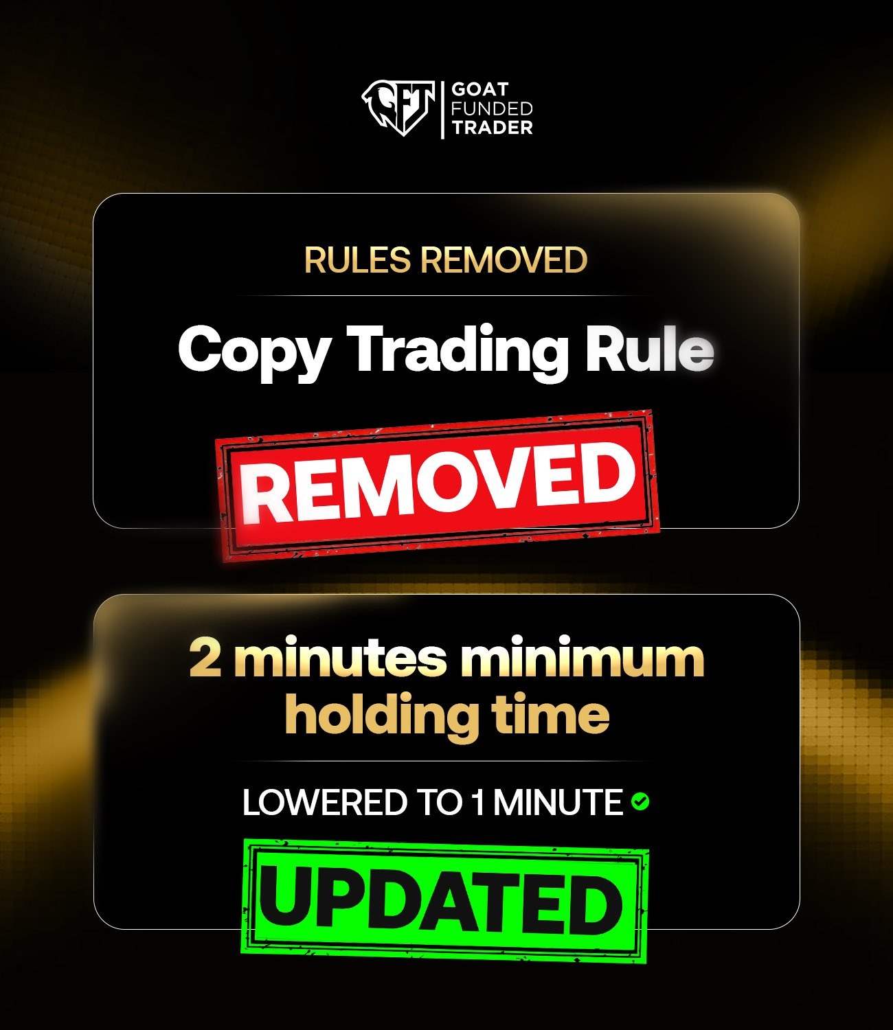 Goat Funded Traderのコピートレードの制限撤廃と最低保有時間1分への短縮を伝える公式画像